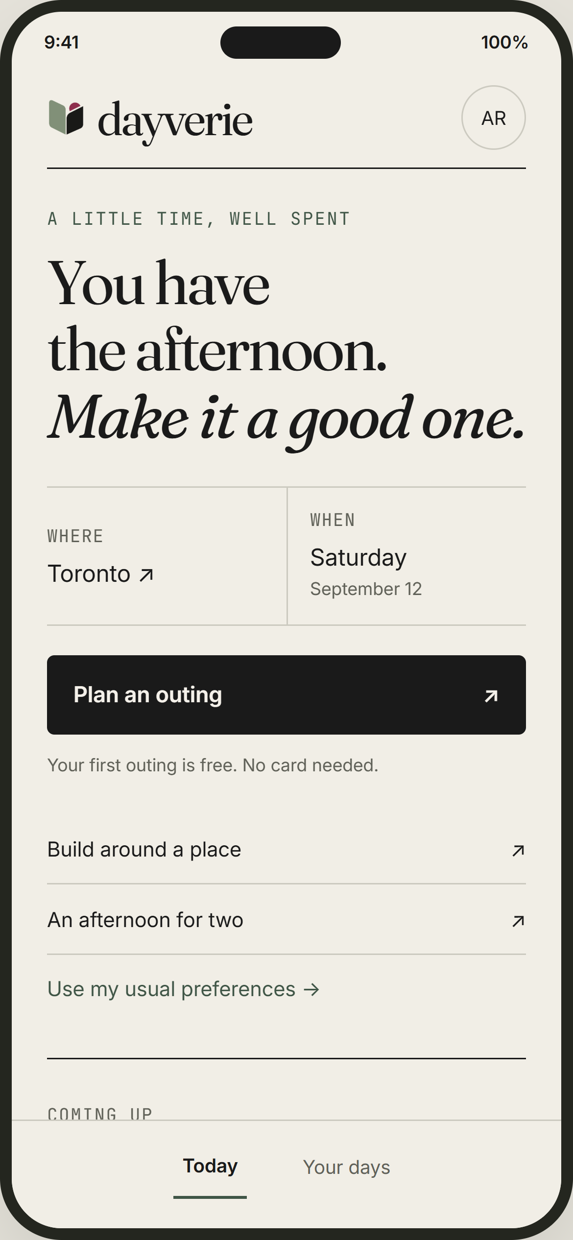 Dayverie design preview: An afternoon, yours to plan. Illustrative sample content and photography.