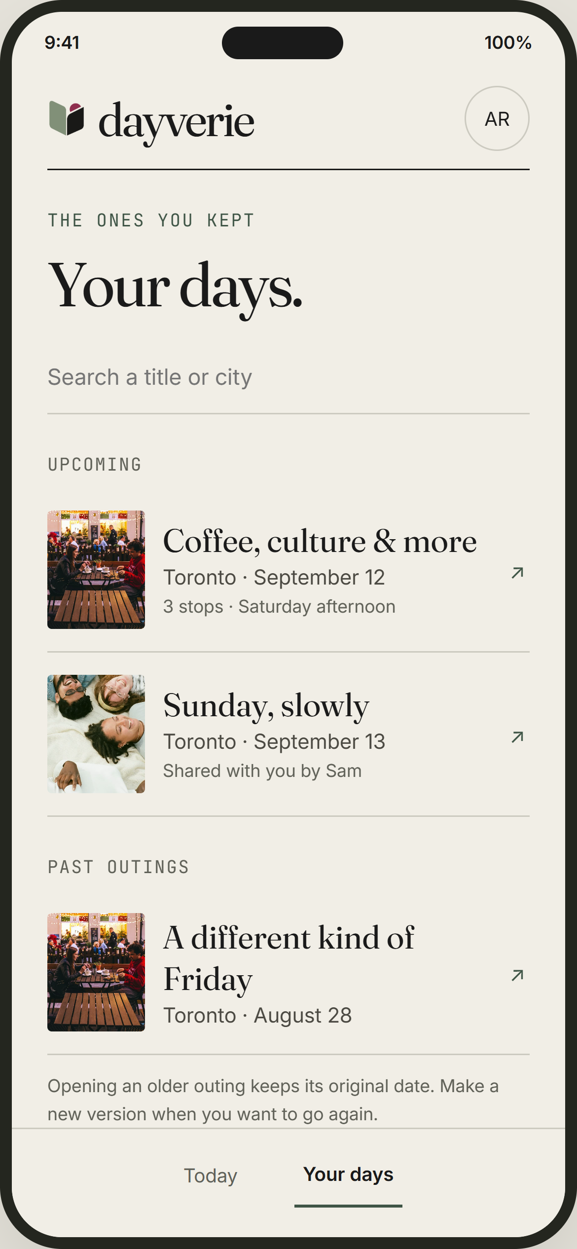 Dayverie design preview: The days you keep. Illustrative sample content and photography.