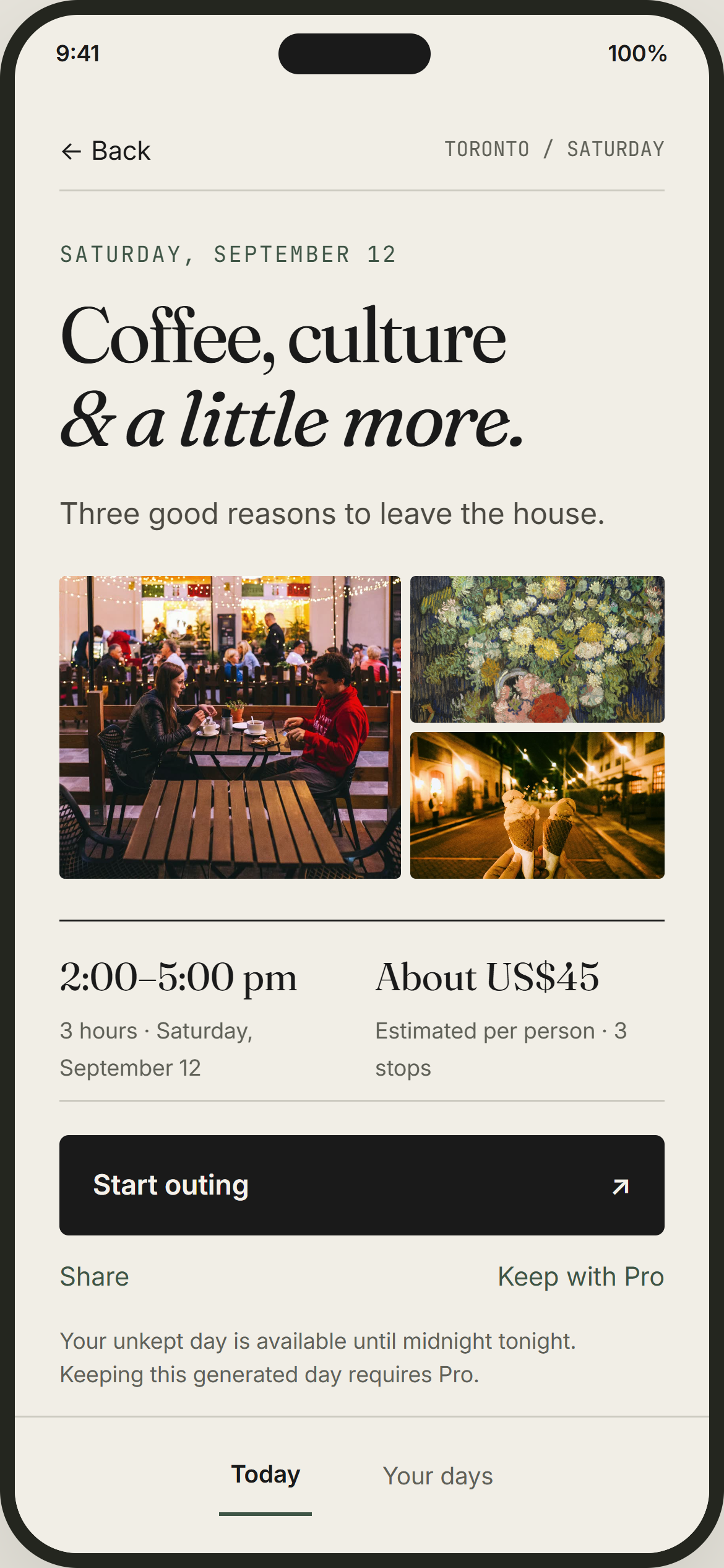 Dayverie design preview: Your outing, at a glance. Illustrative sample content and photography.